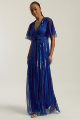 Harper Electric Blue Sequin Maxi Dress with v-neckline and full-length silhouette, perfect for weddings, balls, formal occasions and bridesmaids.
