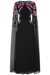 Hestia Black Embroidered Cape Sleeve Maxi Dress