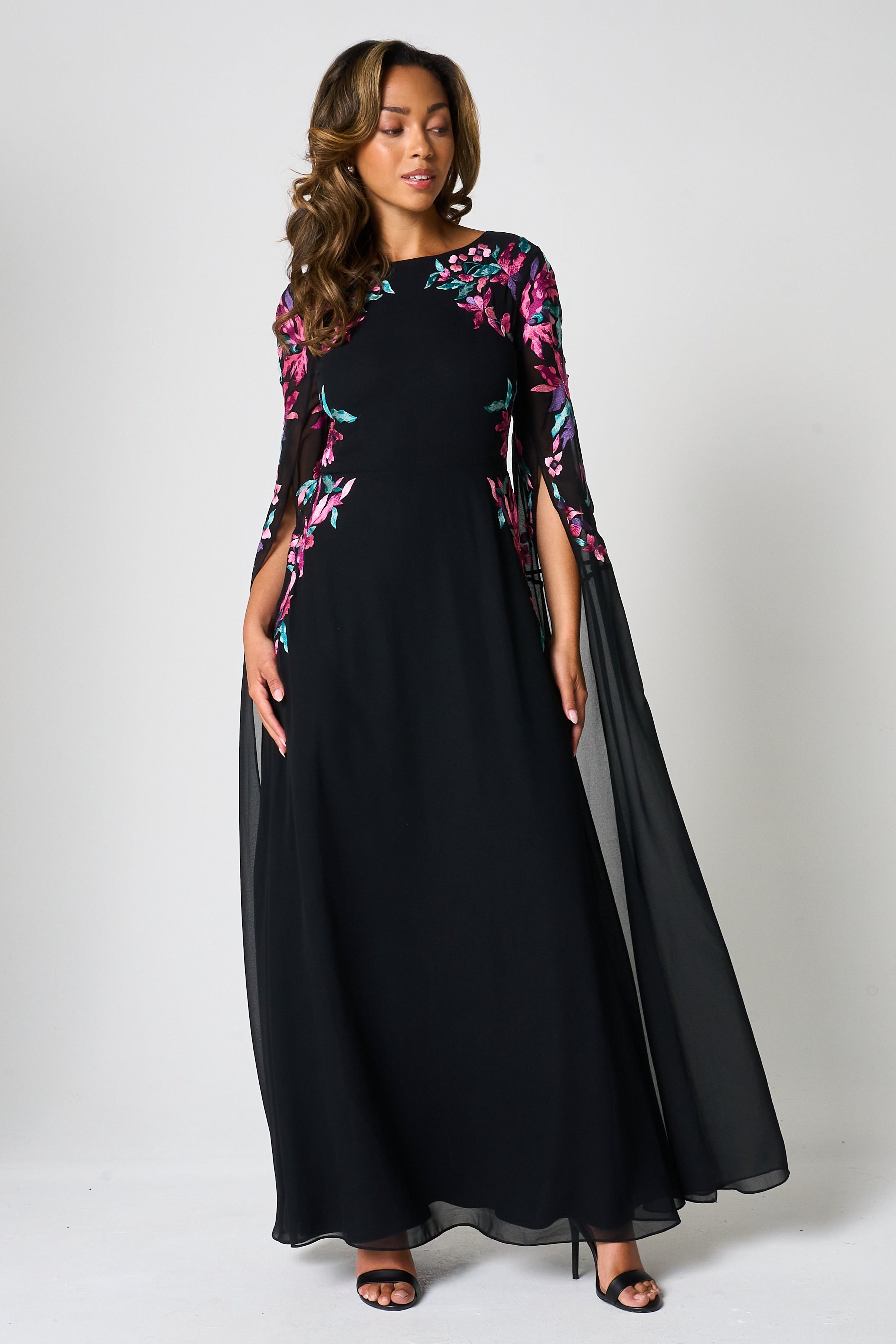 Hestia Black Embroidered Cape Sleeve Maxi Dress Frock and Frill Hestia Black Embroidered Cape Sleeve Maxi Dress Frock and Frill