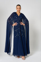 Ida Navy Embellished Maxi Dress with Cape Sleeves