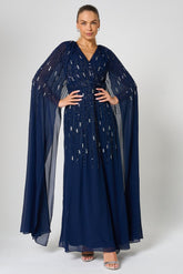 Ida Navy Embellished Maxi Dress with Cape Sleeves