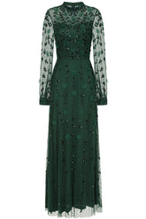 Isadora rainforest green embellished maxi dress with appliqué florals and sheer long sleeves