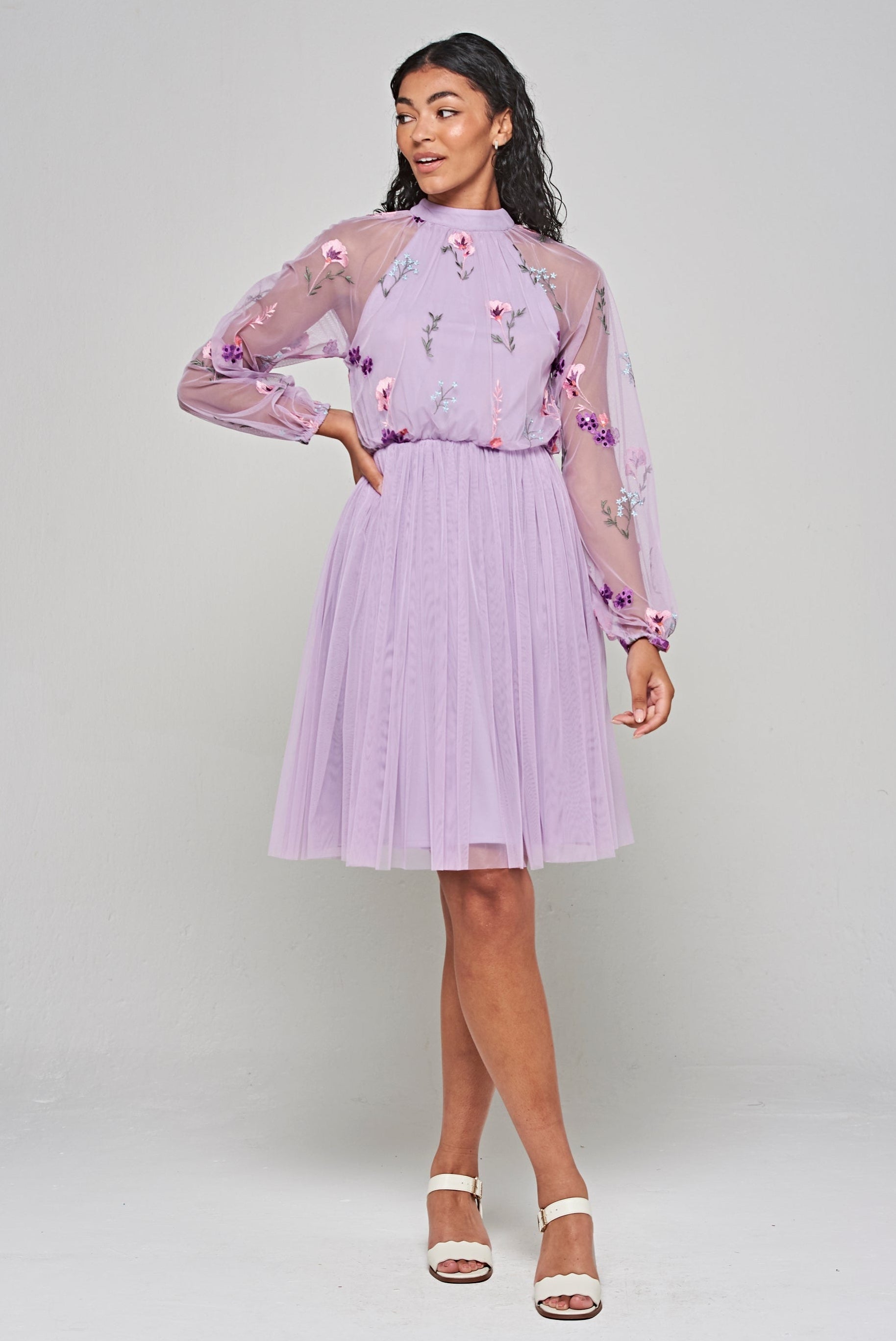 Jacinta Lilac Floral Embroidered Skater Dress – Frock and Frill