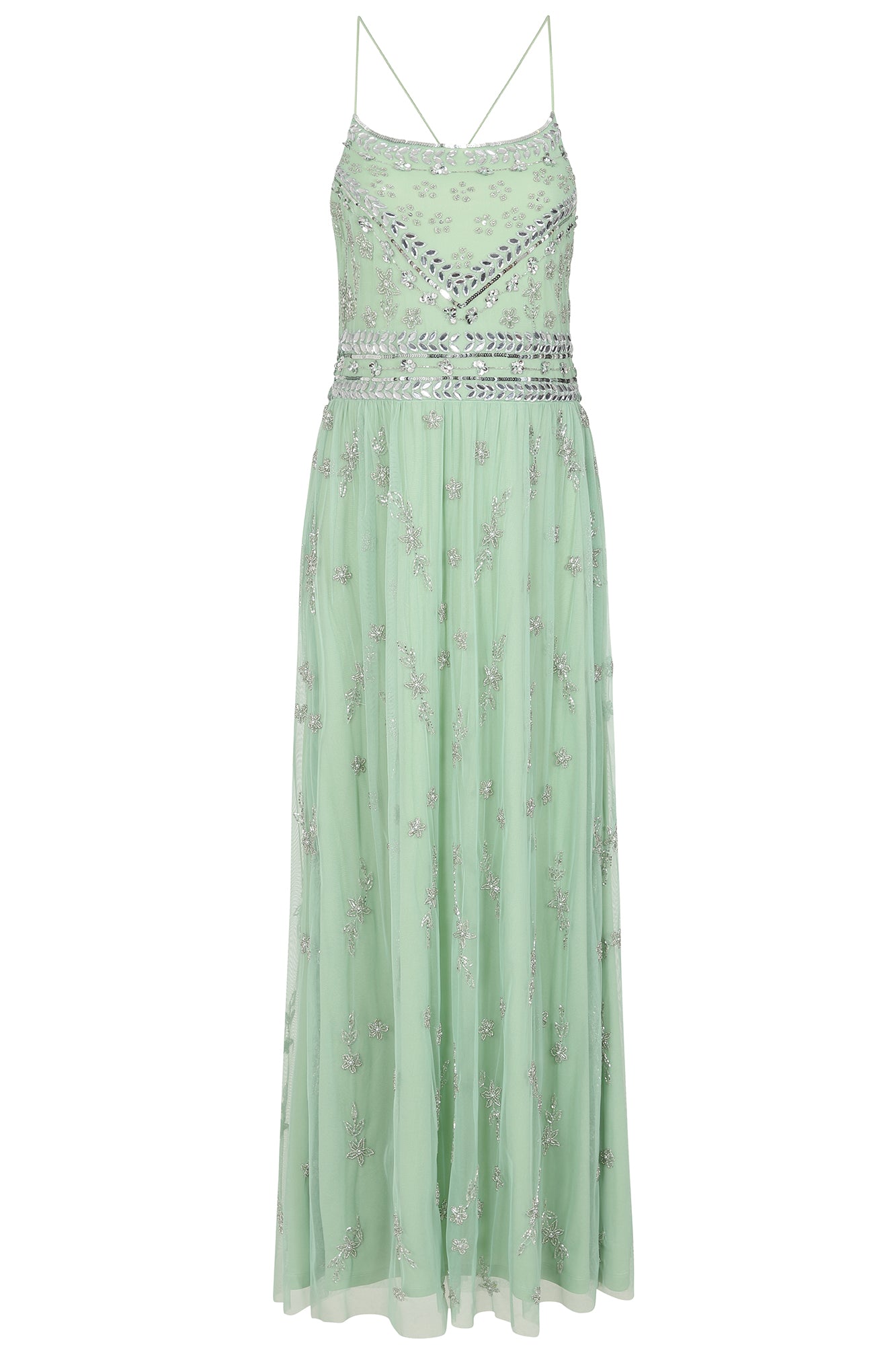 Jae Green Strappy Back Maxi Dress with Floral Embellishment Frock and Frill Jae Green Strappy Back Maxi Dress with Floral Embellishment Frock and Frill
