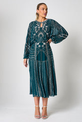 Jeannette green embellished midi dress with silver beadwork, batwing sleeves and fit-and-flare silhouette designed for elegant occasion wear styling