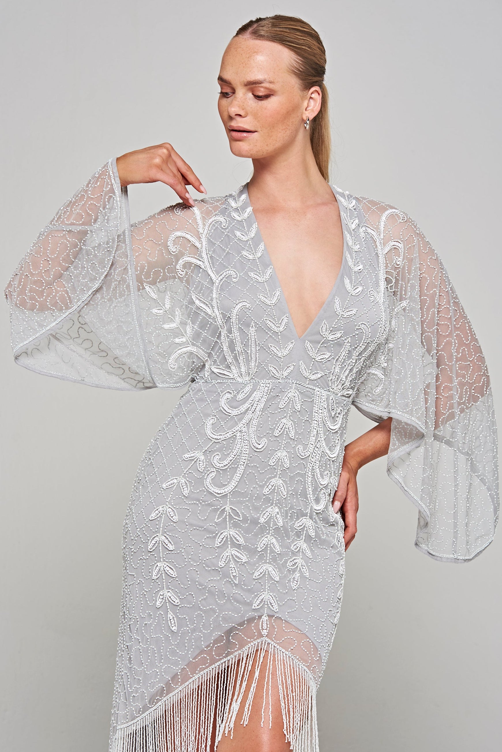 silver embellished midi dress Halter Sequin Embellished Midi Dress Silver / Large