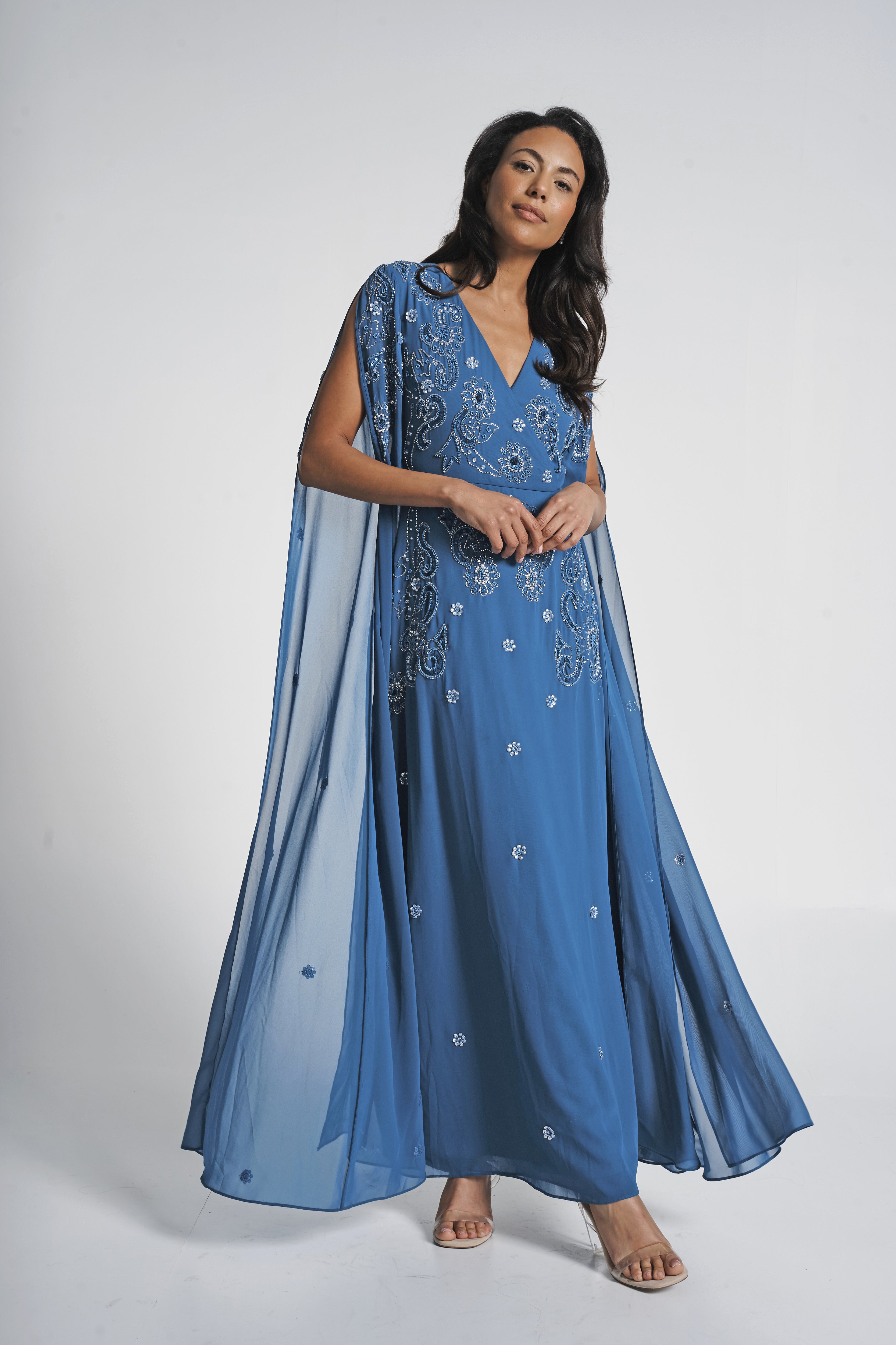 Laelia Blue Flower Embellished Maxi Dress with Cape Sleeves Frock and Frill Laelia Blue Flower Embellished Maxi Dress with Cape Sleeves Frock and Frill