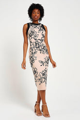 Lexi Nude and Black Floral Sequin Midi Dress