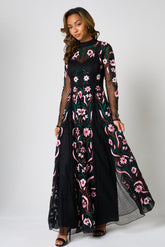 Liana Black Floral Embroidered Maxi Dress