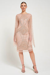 Liora blush embellished midi dress with intricate beading and sheer long sleeves. Perfect for parties and elegant evening occasions.