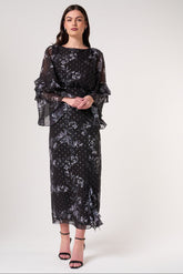 Lyra black floral print midaxi dress by Frock and Frill with metallic thread detailing, ruffled sleeves and nipped waist designed for versatile day to evening styling