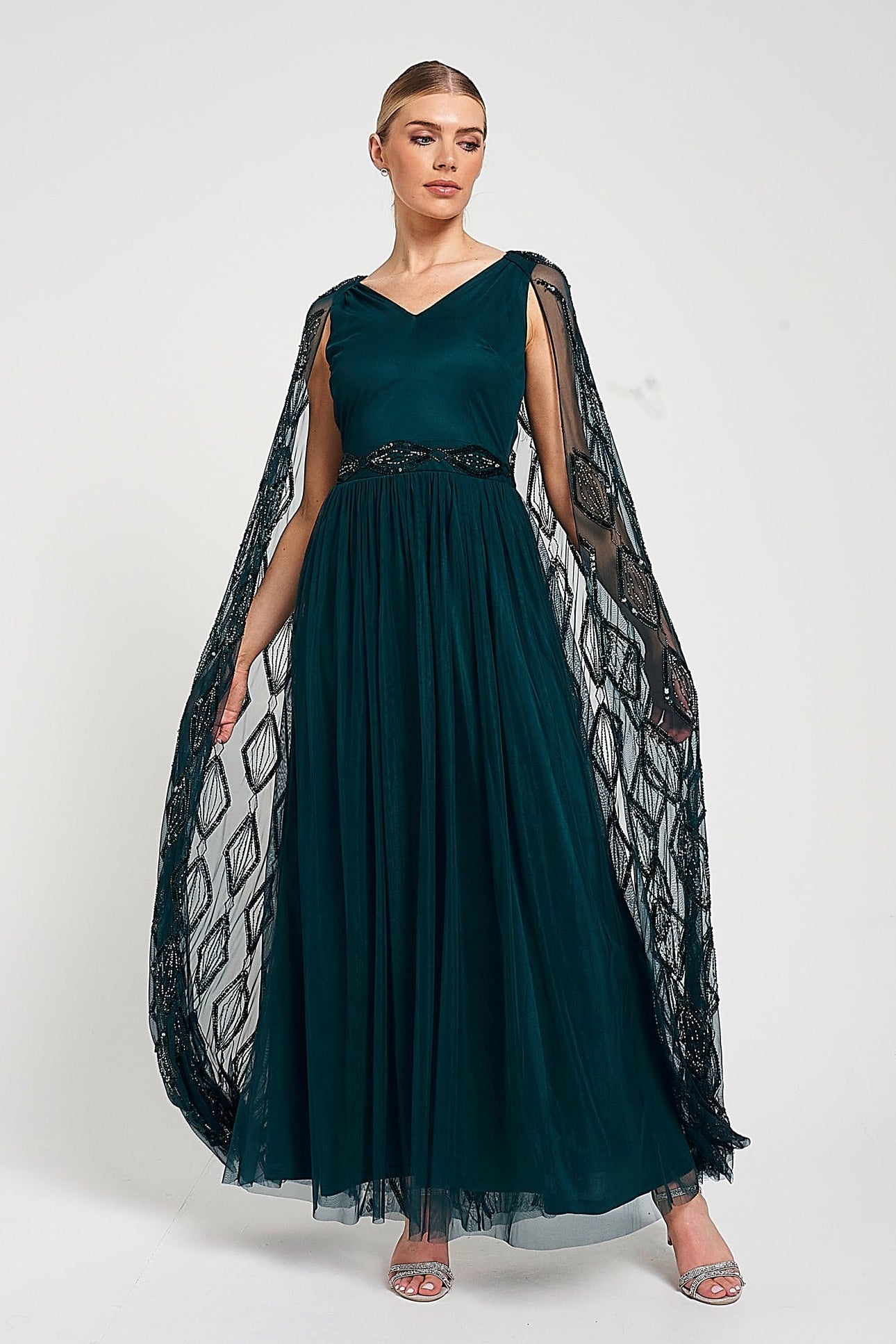 Mae Teal Green Embellished Cape Sleeve Maxi Dress Frock and Frill Mae Teal Green Embellished Cape Sleeve Maxi Dress Frock and Frill