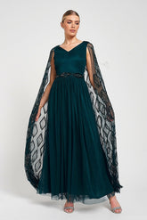 Mae Teal Green Embellished Cape Sleeve Maxi Dress