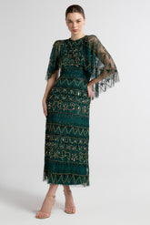 Mahonia by Frock and Frill green embellished midaxi dress with cape sleeves.