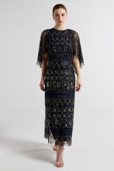 Navy Mahonia cape sleeve midaxi dress from Frock and Frill, fully embellished with sparkling beads, featuring a flowing skirt, perfect for weddings, parties, and modest evening occasions