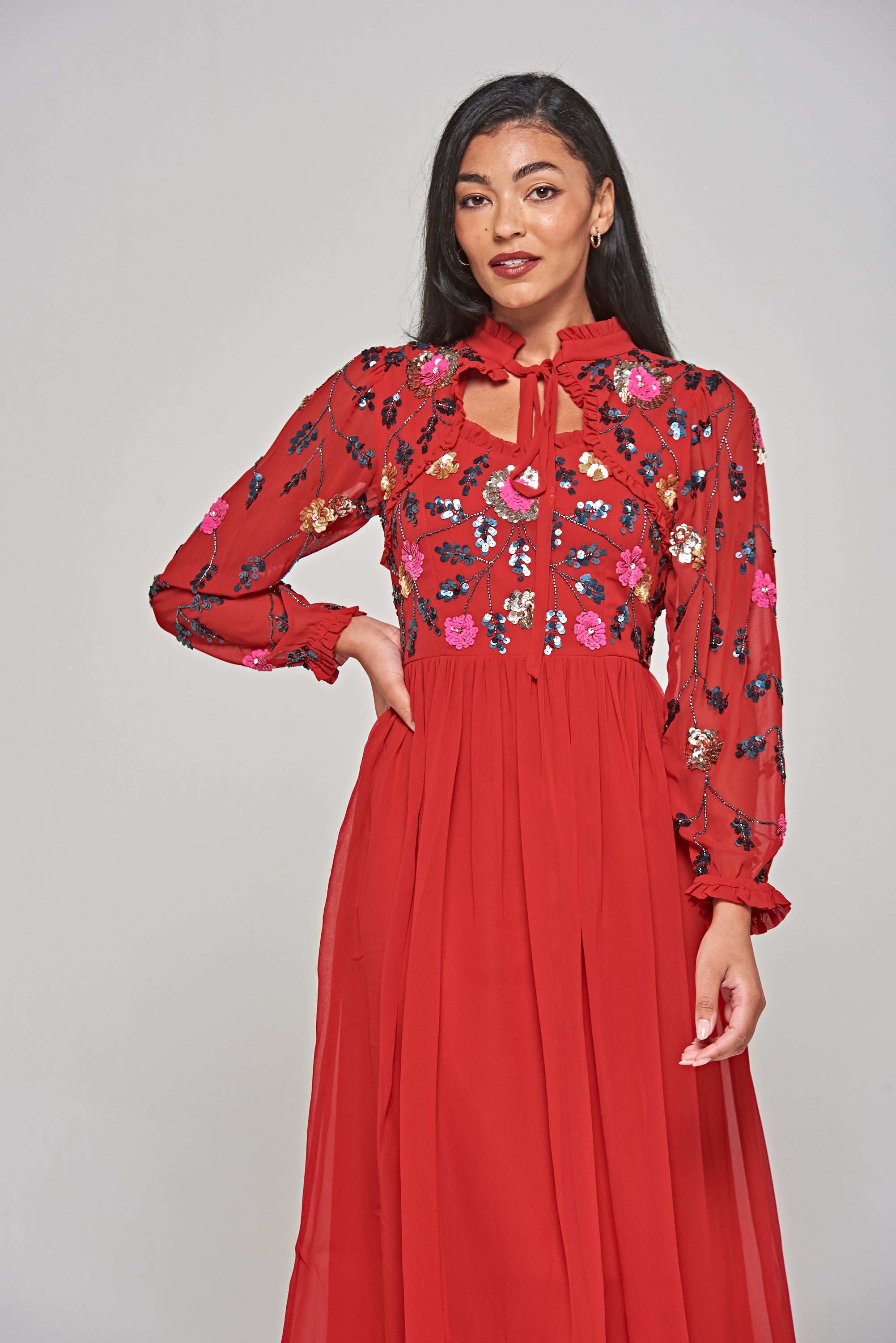 Marette Red Floral Embellished Midi Dress Frock and Frill Marette Red Floral Embellished Midi Dress Frock and Frill