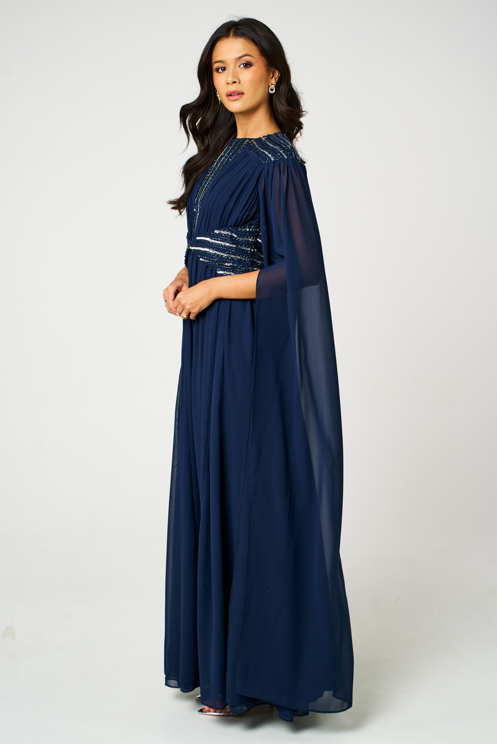 Marina Navy Embellished Cape Sleeve Maxi Dress Frock and Frill Marina Navy Embellished Cape Sleeve Maxi Dress Frock and Frill