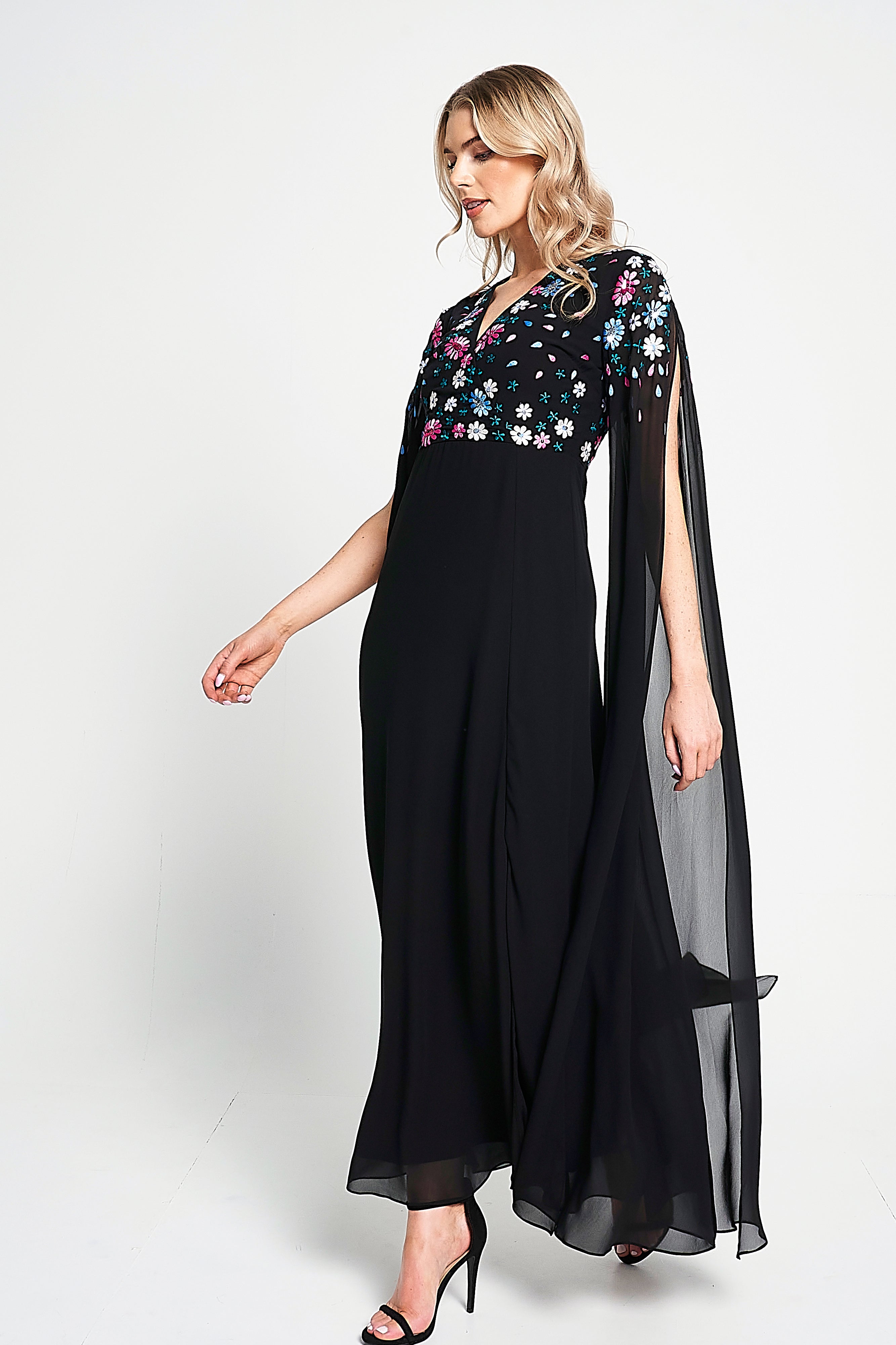 Mayra Black Floral Embroidered Cape Sleeve Maxi Dress Frock and Frill Mayra Black Floral Embroidered Cape Sleeve Maxi Dress Frock and Frill