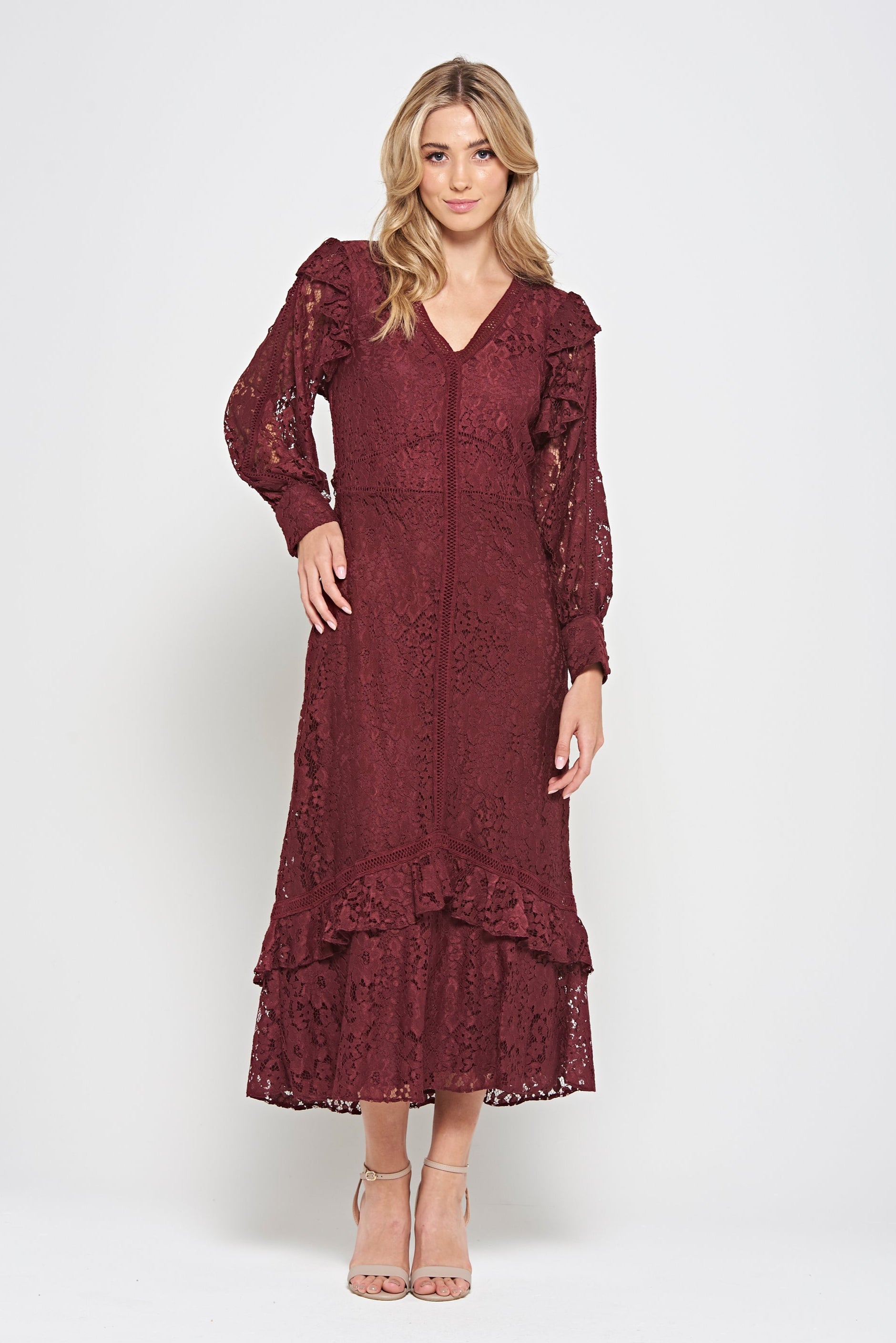 Moira Burgundy Lace Midaxi Dress Frock and Frill Moira Burgundy Lace Midaxi Dress Frock and Frill