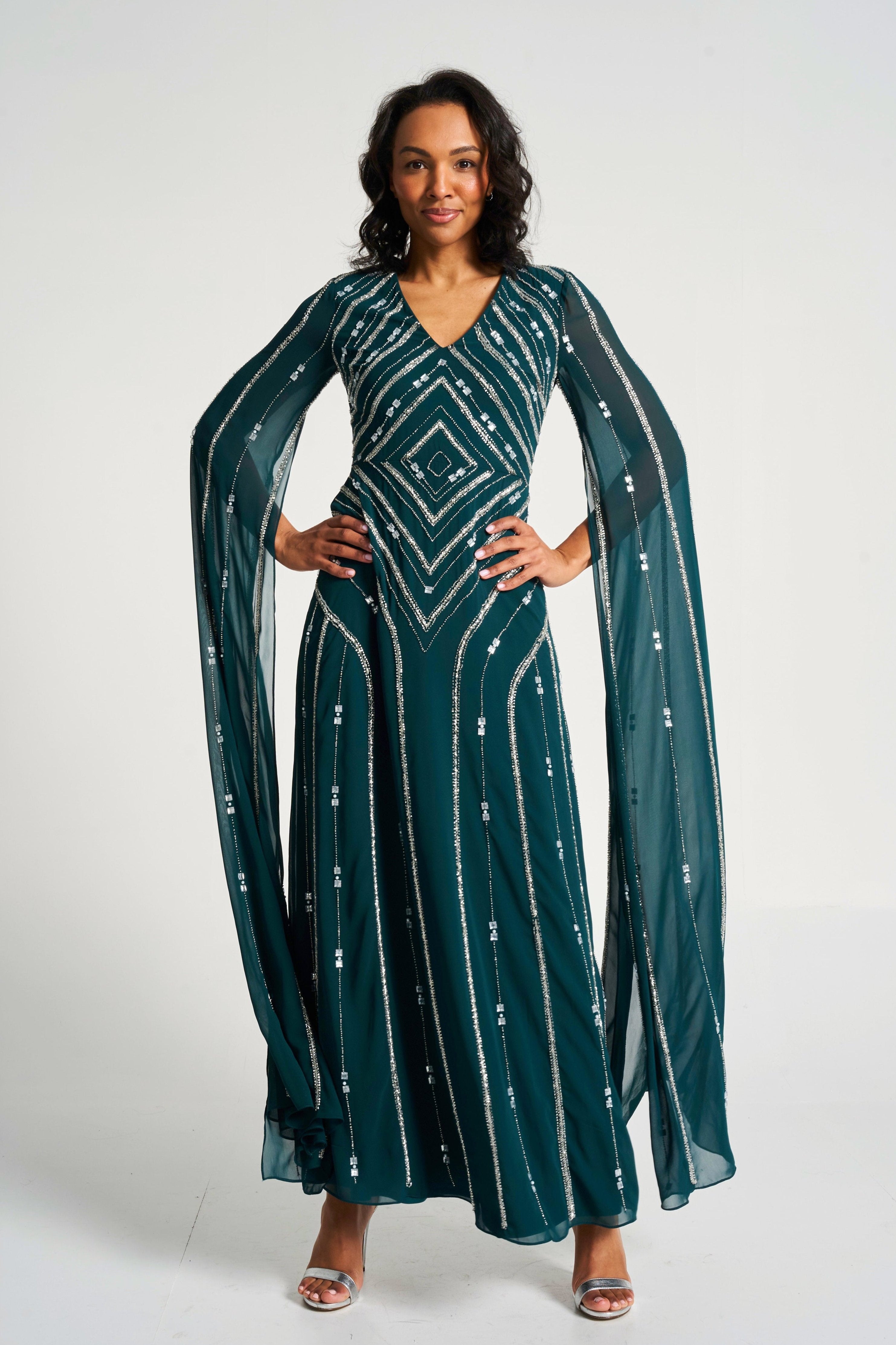 Myrtha Green Embellished Cape Sleeve Maxi Dress Frock and Frill Myrtha Green Embellished Cape Sleeve Maxi Dress Frock and Frill
