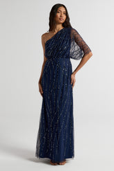 Natalia Navy Embellished One Shoulder Maxi Dress, floor-length sequined evening gown for bridesmaids, prom, and formal occasions