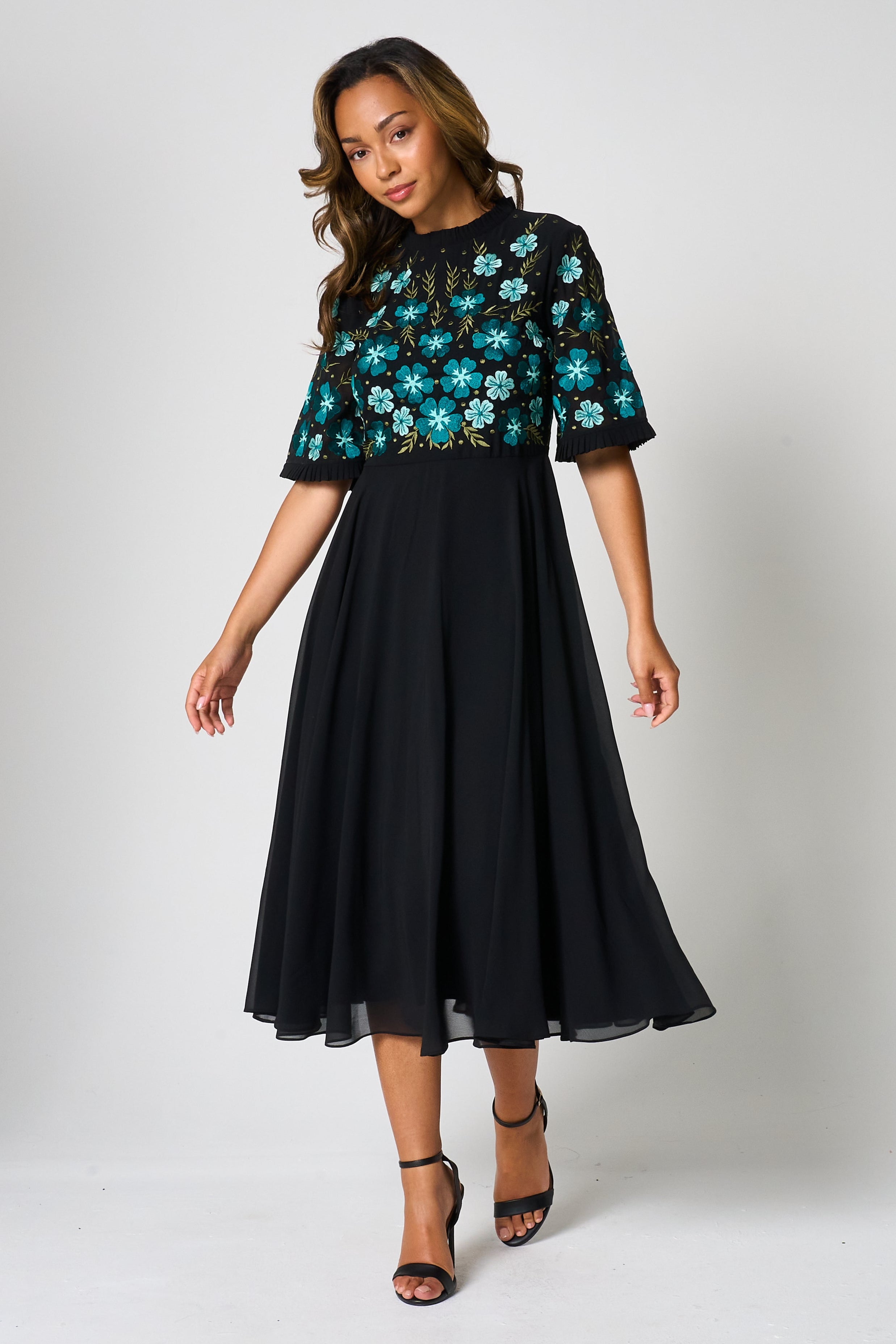Nera Black Floral Embroidered Midi Dress – Frock and Frill
