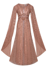 Oriana peach-blush embellished cape sleeve maxi dress with flowing cape sleeves and modest silhouette, ideal for weddings, formal occasions and evening events.