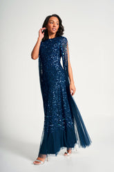 Paulina Deep Teal Sequin Cape Sleeve Maxi Dress