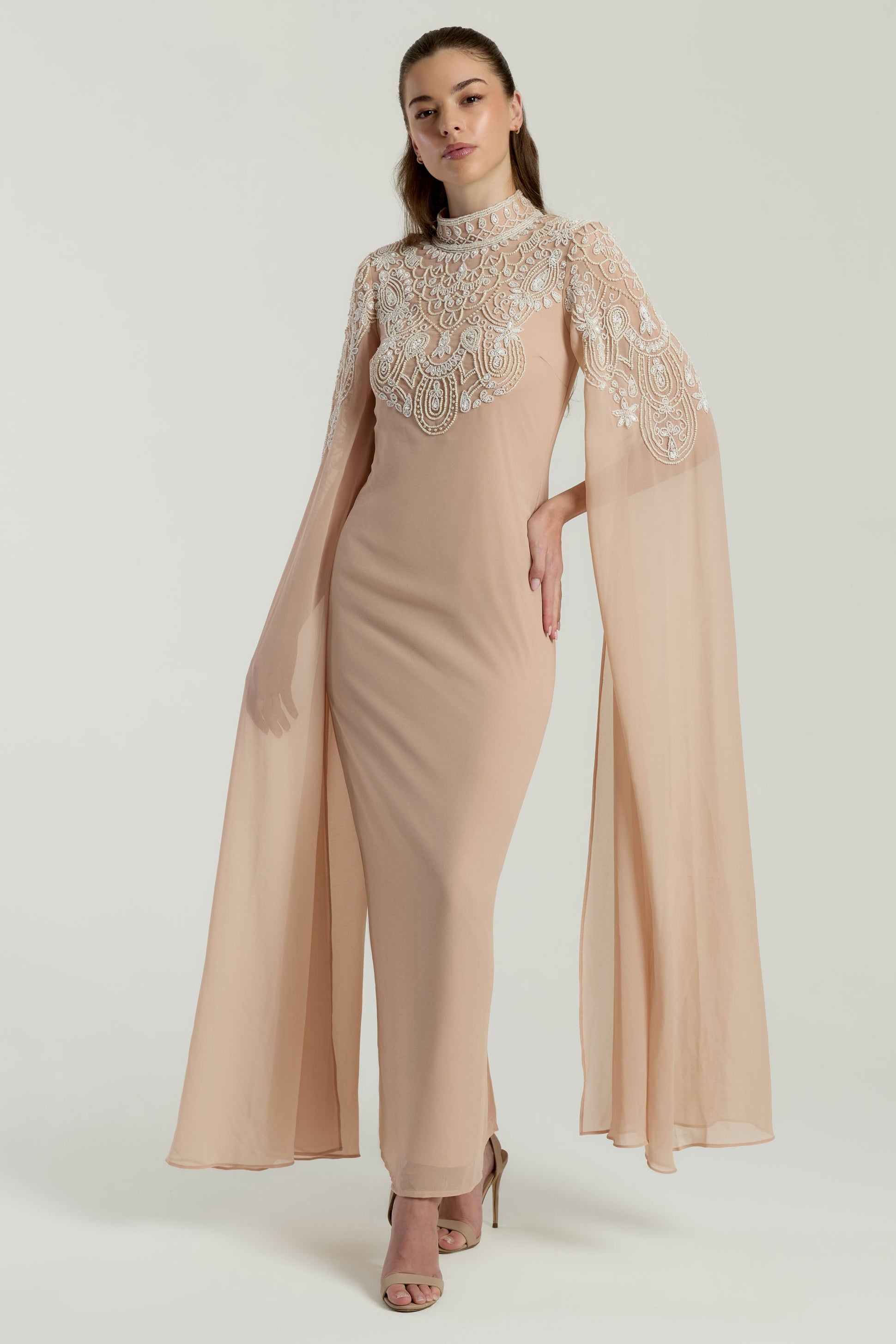 Penelope Blush Embellished Cape Sleeve Maxi Dress Frock and Frill Penelope Blush Embellished Cape Sleeve Maxi Dress Frock and Frill