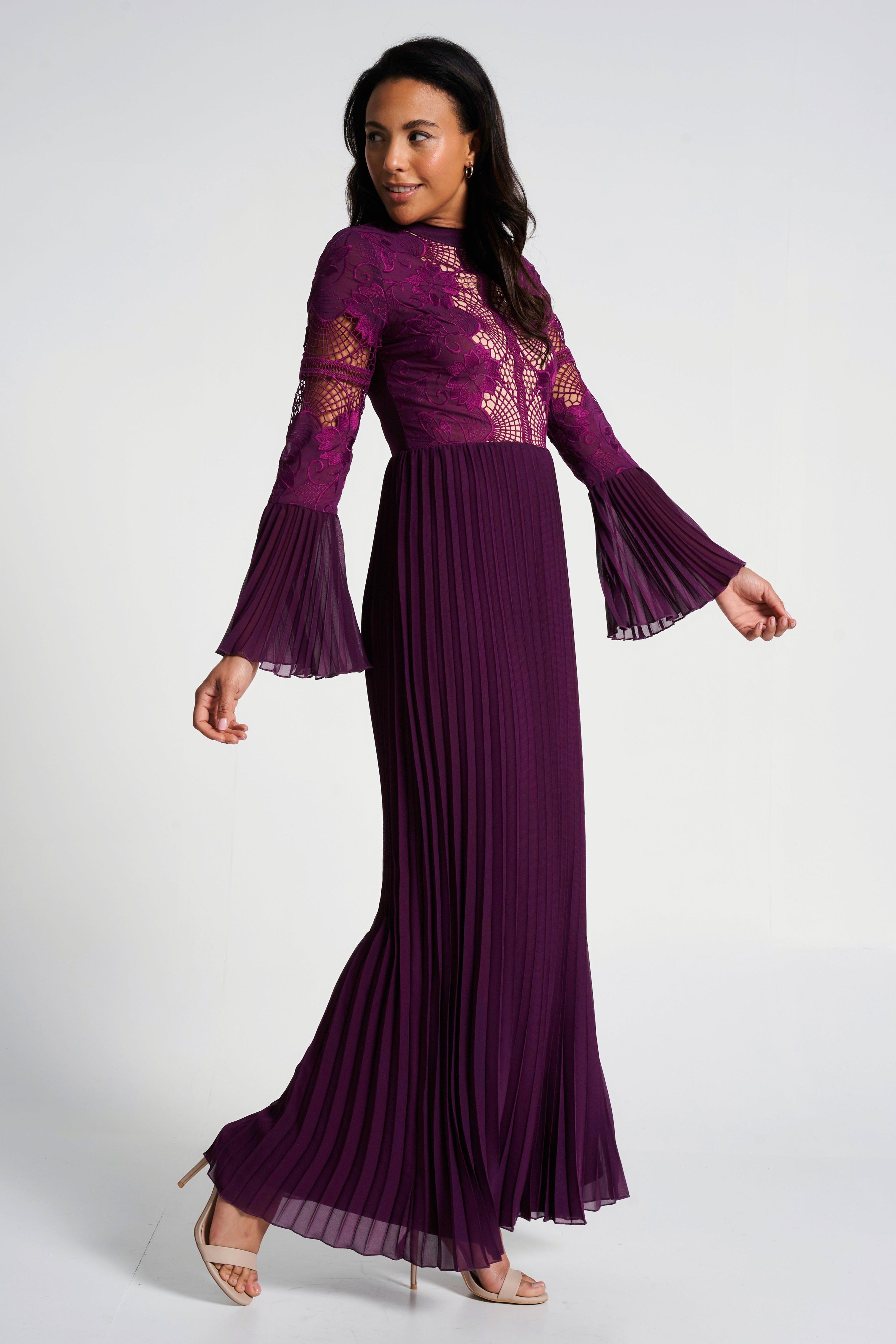 knee length dresses for ladies Prunella Purple Lace Detail Maxi Dress with Pleated Skirt Frock and Frill knee length dresses for ladies Prunella Purple Lace Detail Maxi Dress with Pleated Skirt Frock and Frill