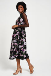 Raena Black Floral Embroidered Midi Dress
