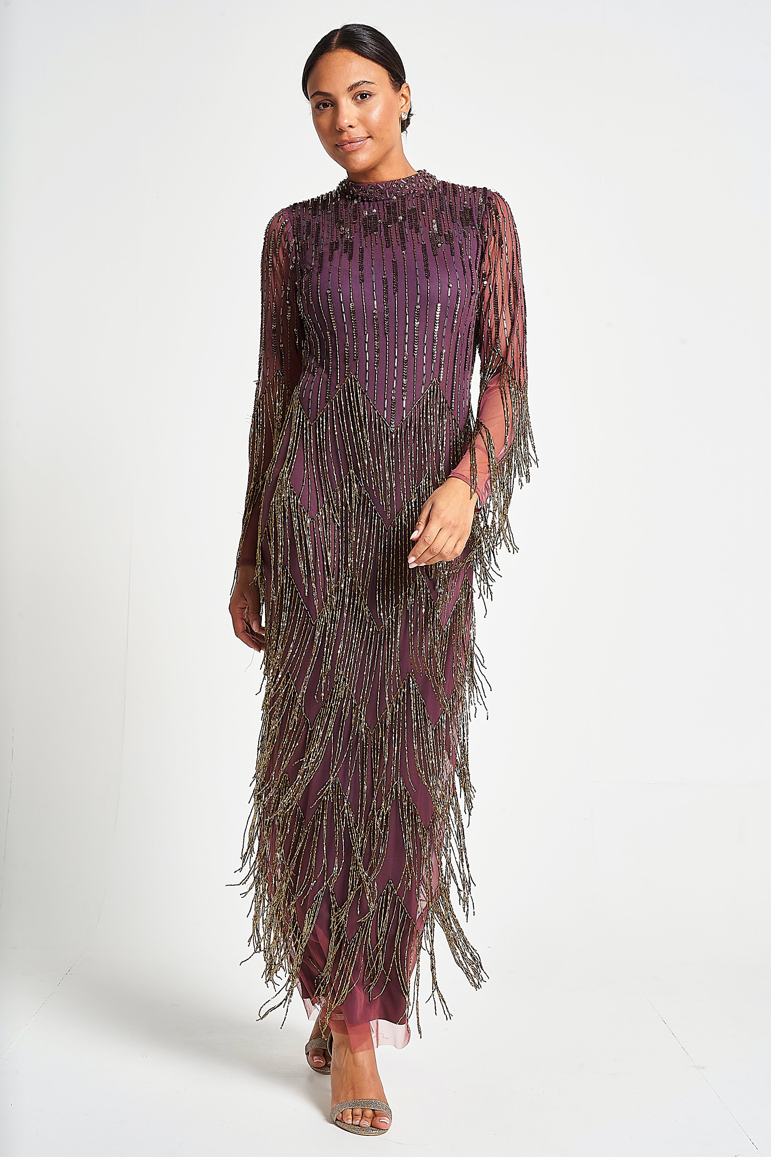 Rhoda Purple Maxi Dress With Beaded Fringing Frock and Frill Rhoda Purple Maxi Dress With Beaded Fringing Frock and Frill