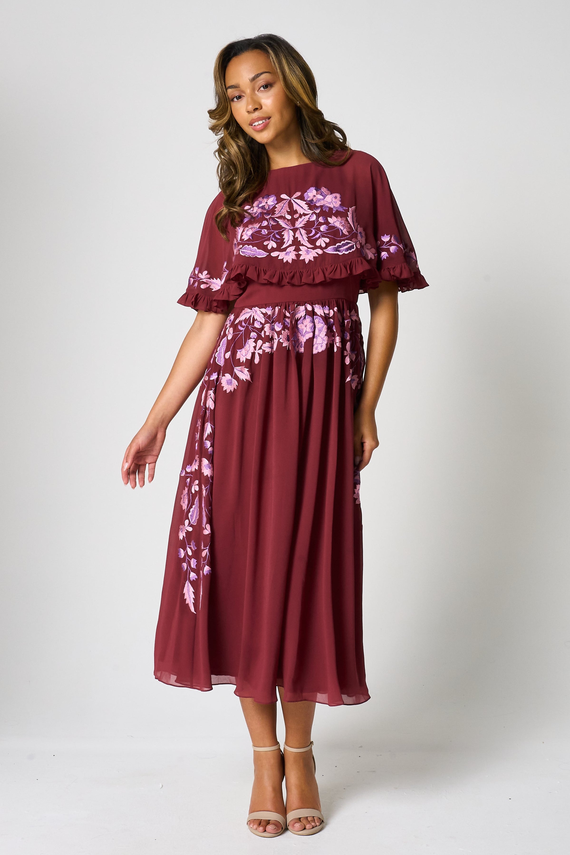 Scarlett Burgundy Embroidered Midi Dress with Cape Detail Frock and Frill Scarlett Burgundy Embroidered Midi Dress with Cape Detail Frock and Frill