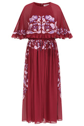 Scarlett Burgundy Embroidered Midi Dress with Cape Detail