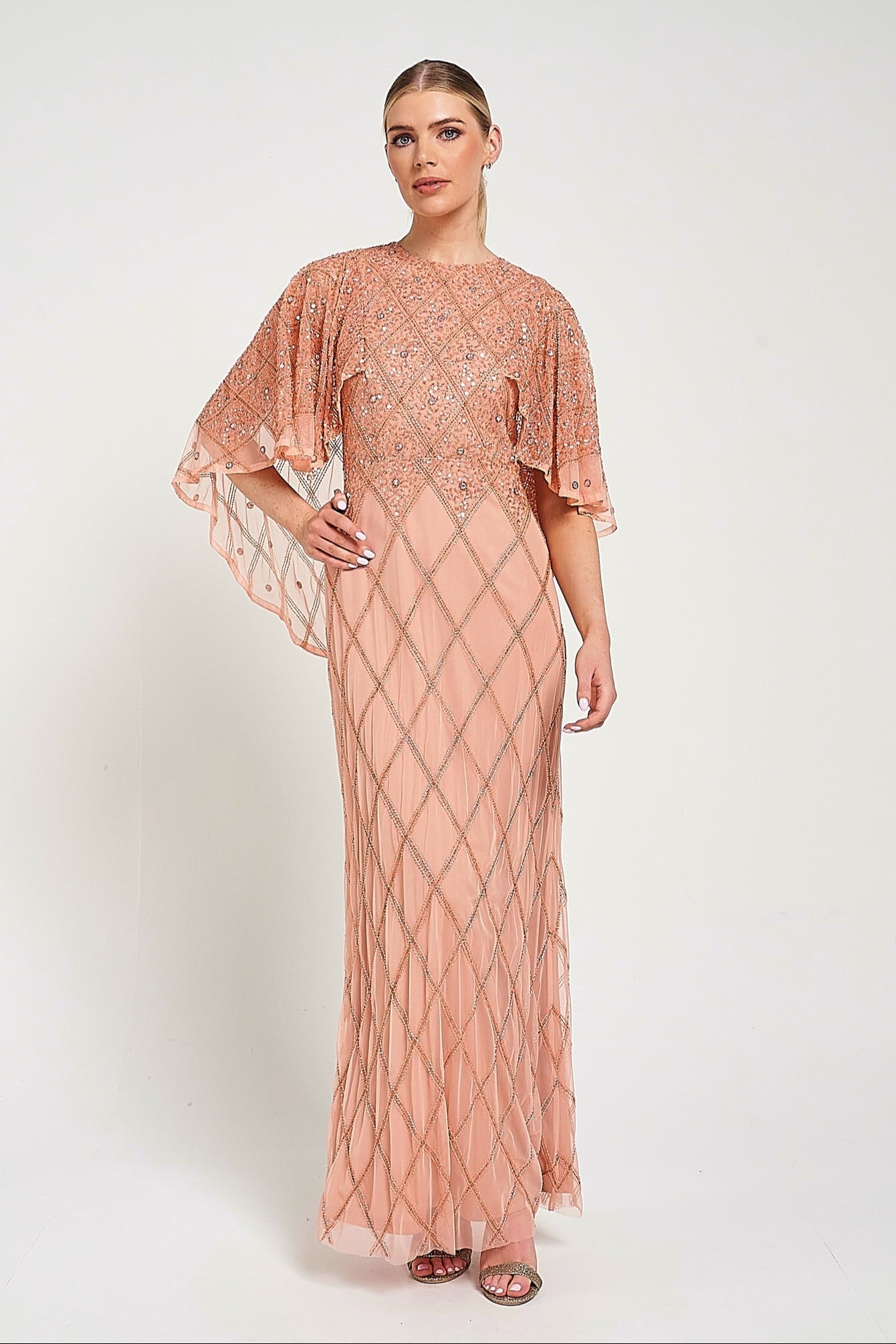 Selina Peach Embellished Cape Detail Maxi Dress Frock and Frill Selina Peach Embellished Cape Detail Maxi Dress Frock and Frill
