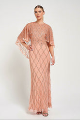 Selina Peach Embellished Cape Detail Maxi Dress