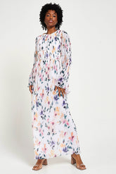 Serena white floral print maxi dress by Frock and Frill with long sleeves and full-length silhouette designed for elegant modest occasion and day wear styling