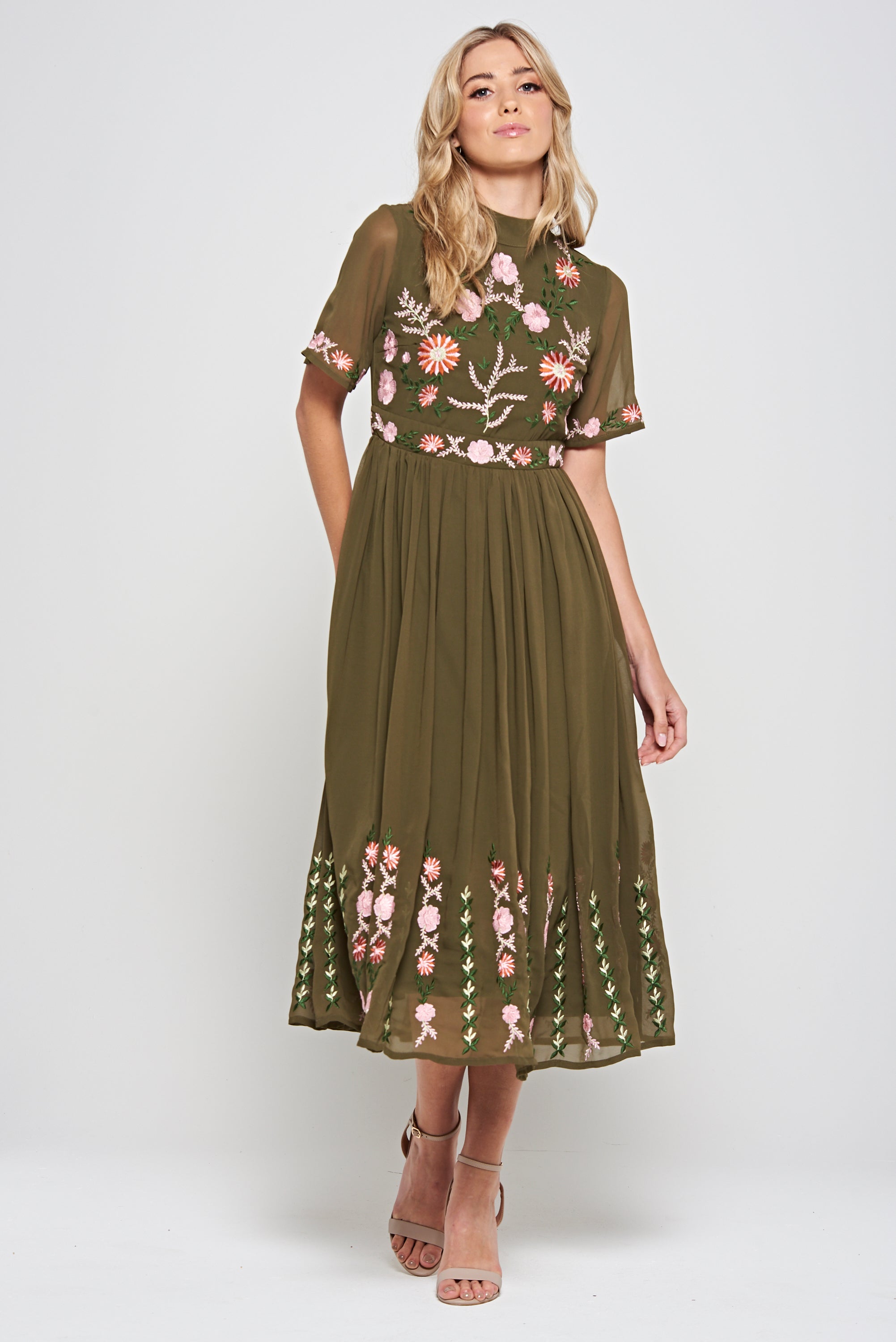 Silvia Olive Floral Embroidered Midi Dress Frock and Frill Silvia Olive Floral Embroidered Midi Dress Frock and Frill
