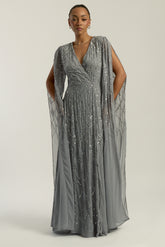 Simone embellished cape maxi dress in soft grey