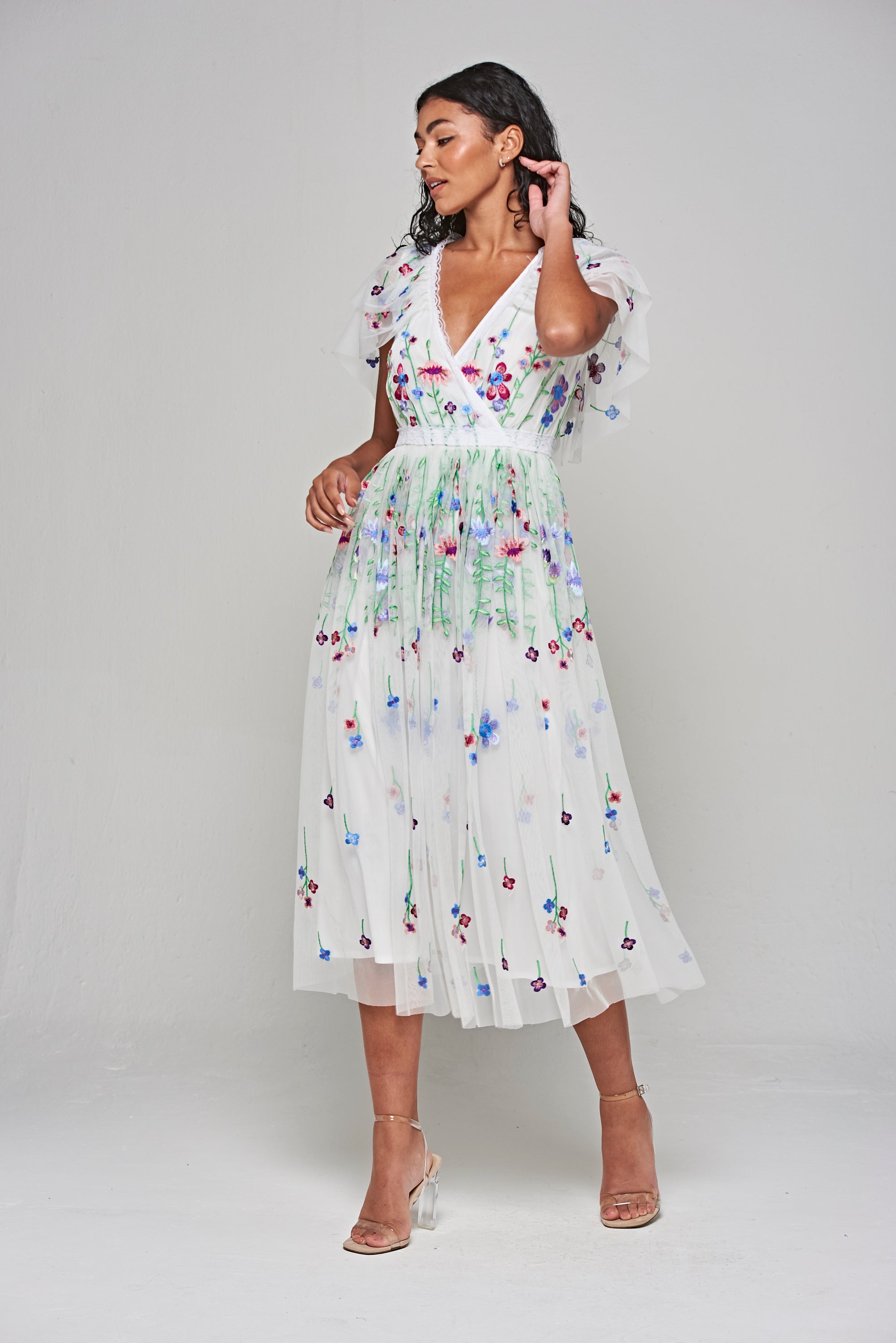 Suzette White Floral Embroidered Midi Dress Frock and Frill Suzette White Floral Embroidered Midi Dress Frock and Frill
