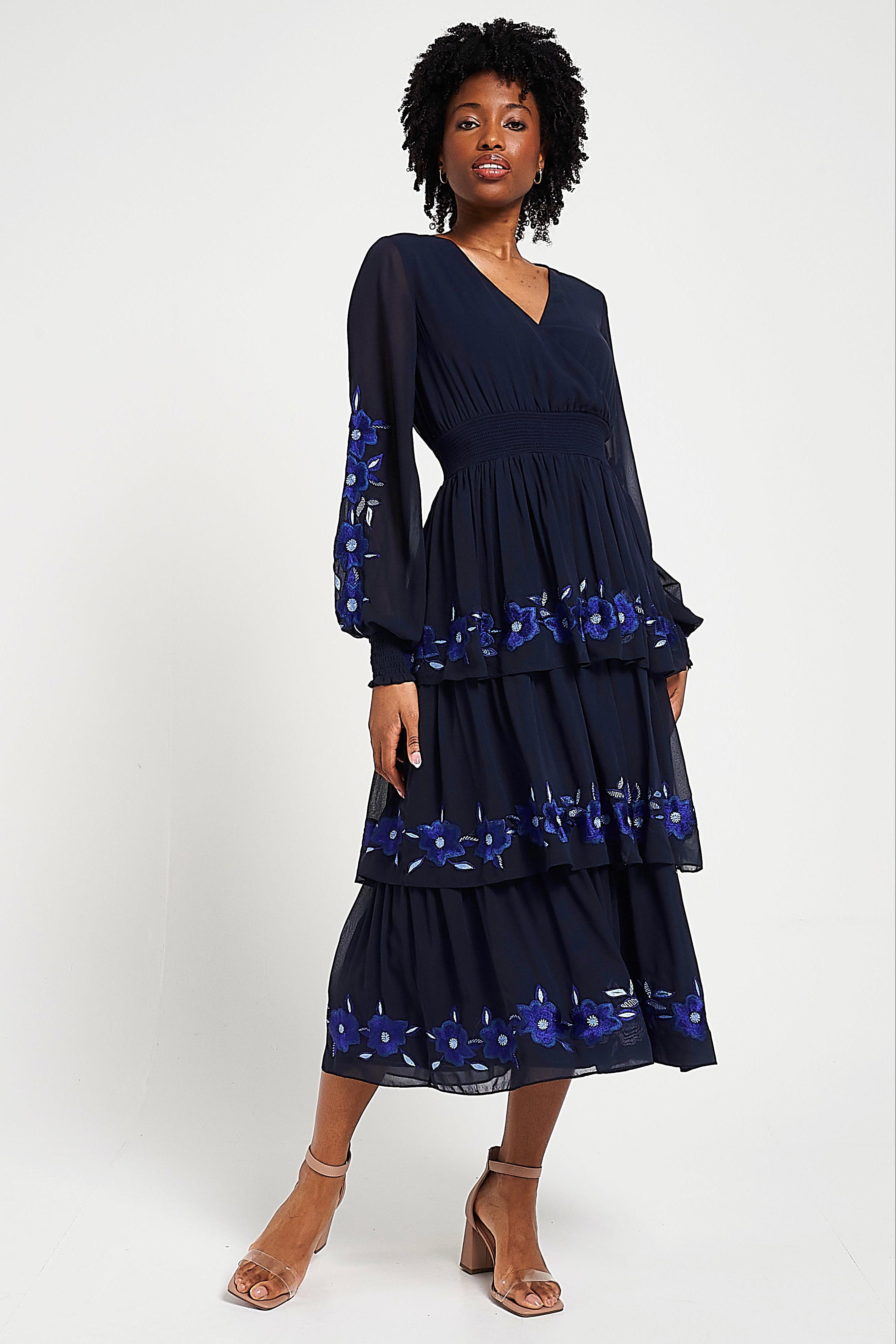 Tamsin Navy Floral Embroidered Midi Dress with Tiered Skirt Frock and Frill Tamsin Navy Floral Embroidered Midi Dress with Tiered Skirt Frock and Frill