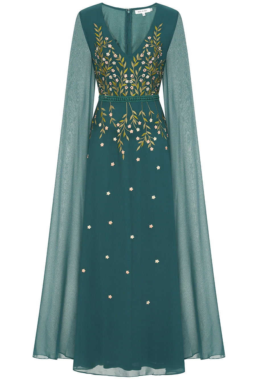Thalia Green Embroidered Cape Sleeve Maxi Dress Frock and Frill Thalia Green Embroidered Cape Sleeve Maxi Dress Frock and Frill