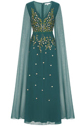 Thalia Green Embroidered Maxi Dress with Cape Sleeves