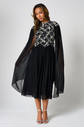 Una Black Embellished Cape Sleeve Midi Dress
