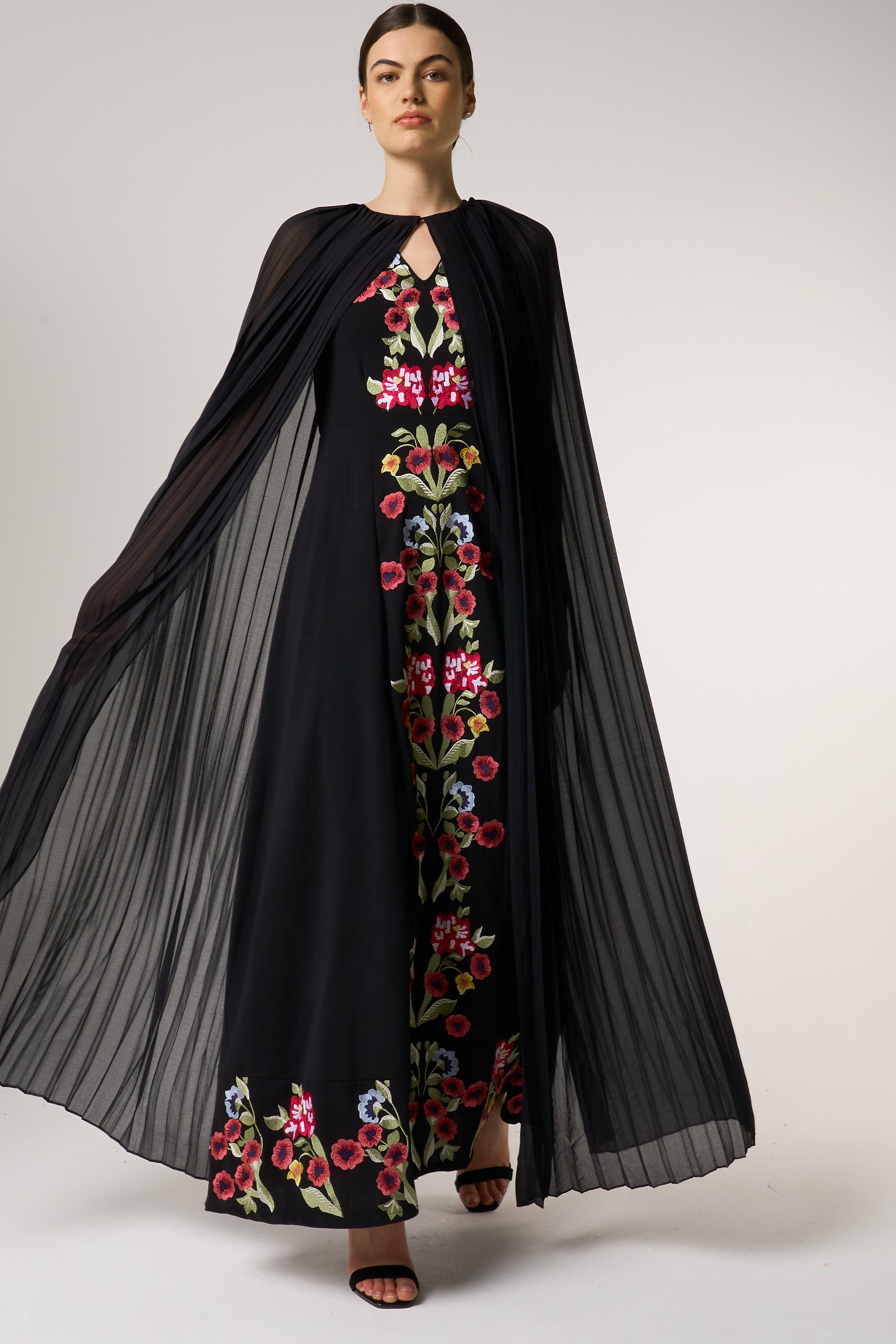 Valentina Black Floral Embroidered Maxi Dress with Pleated Cape Frock and Frill Valentina Black Floral Embroidered Maxi Dress with Pleated Cape Frock and Frill