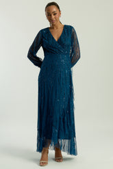 Velora skipper blue sequin midi dress with V-neckline, long sleeves, and fit-and-flare silhouette, perfect for evening events, weddings, and parties.