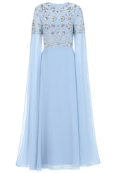 Vera Sky Blue Embellished Cape Sleeve Maxi Dress