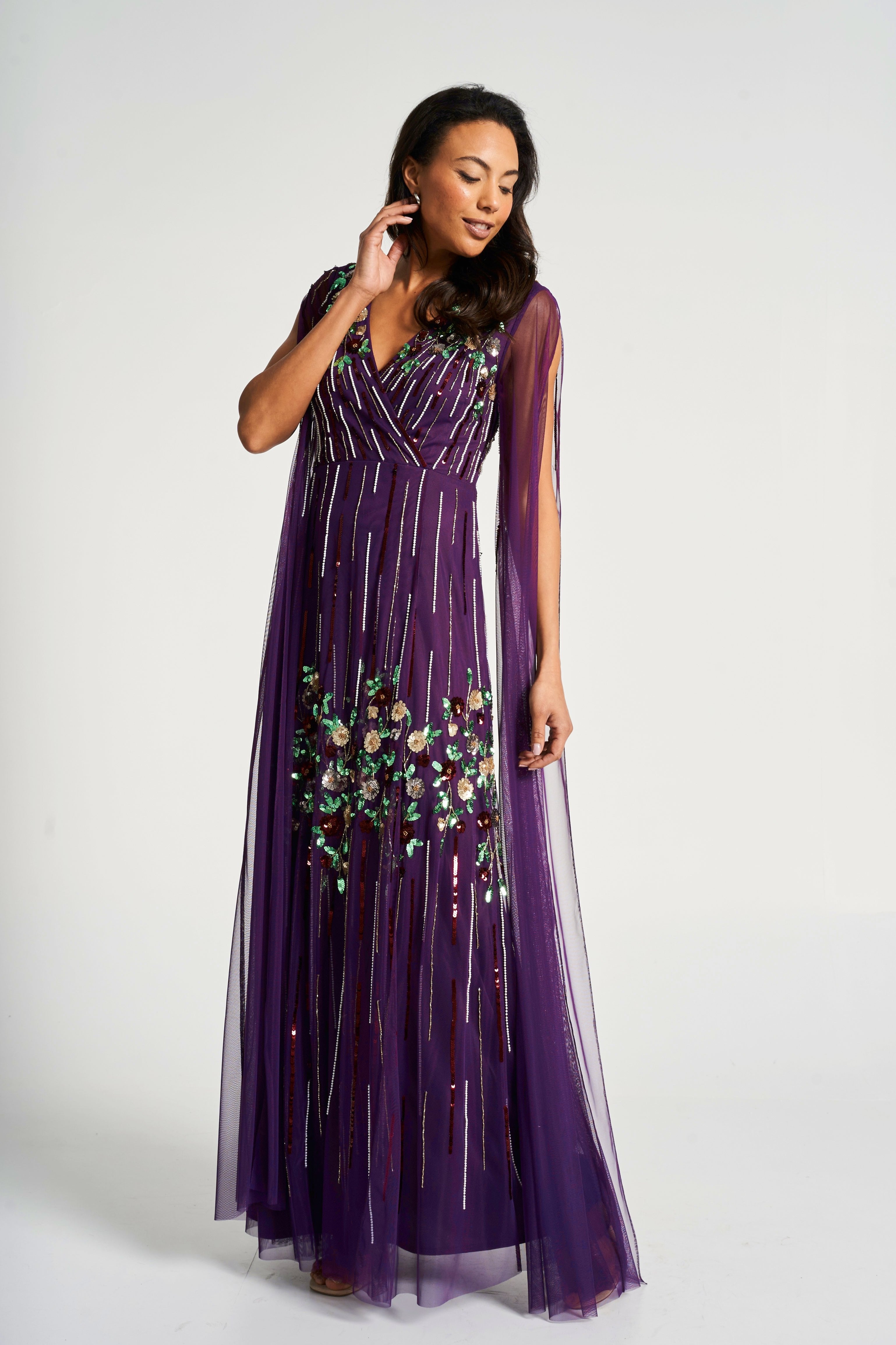 Verbena Purple Cape Sleeve Floral Embellished Maxi Dress – Frock