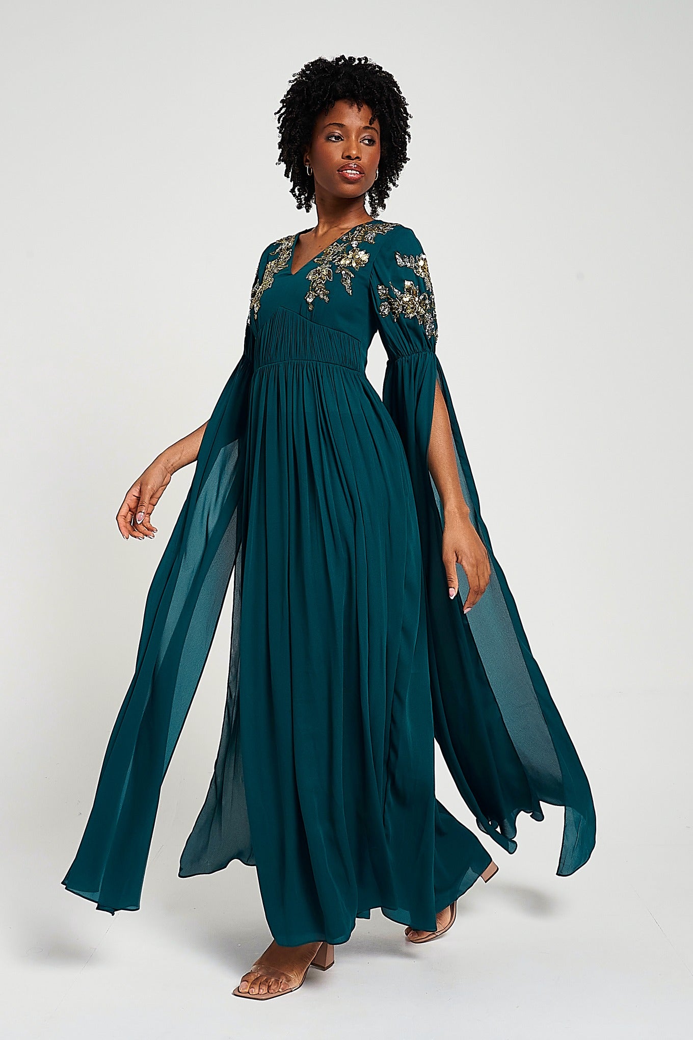Verity Green Embellished Cape Sleeve Maxi Dress Frock and Frill Verity Green Embellished Cape Sleeve Maxi Dress Frock and Frill