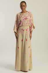 Viola nude embroidered maxi dress with long sleeves, floor-length silhouette, and floral detailing, perfect for weddings, formal events, and modest occasions.